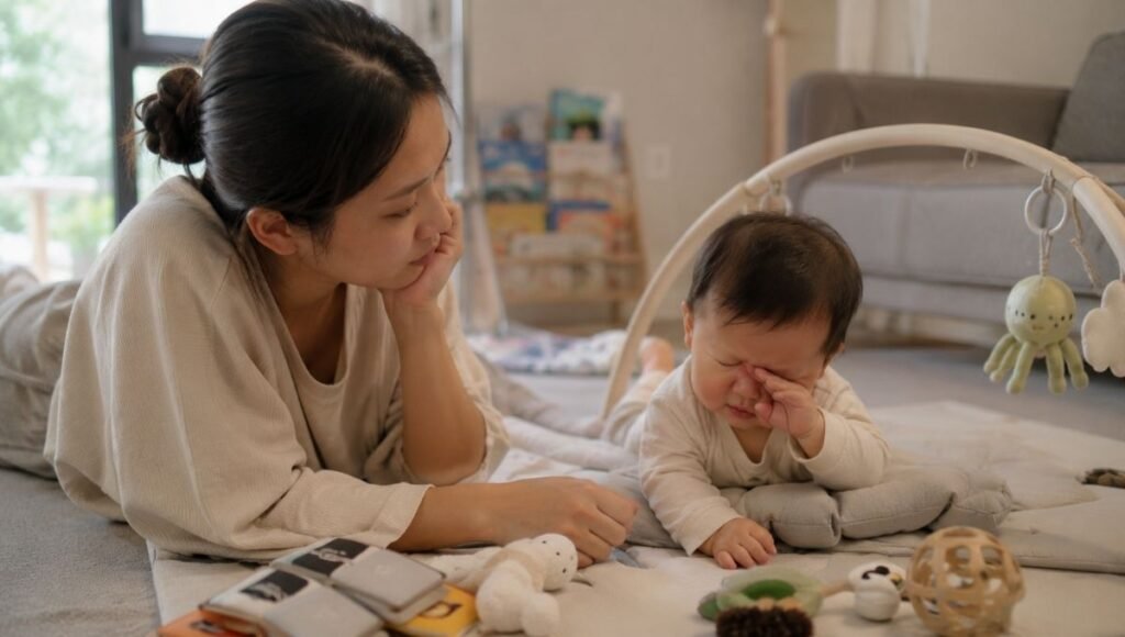 A parent watching their baby closely during playtime on a floor mat, baby showing early sleepy cues — rubbing eyes and slowing down — parent ready to start the nap routine, soft natural home lighting, attentive and caring expression, lifestyle photography style, photorealistic, no text, no watermark