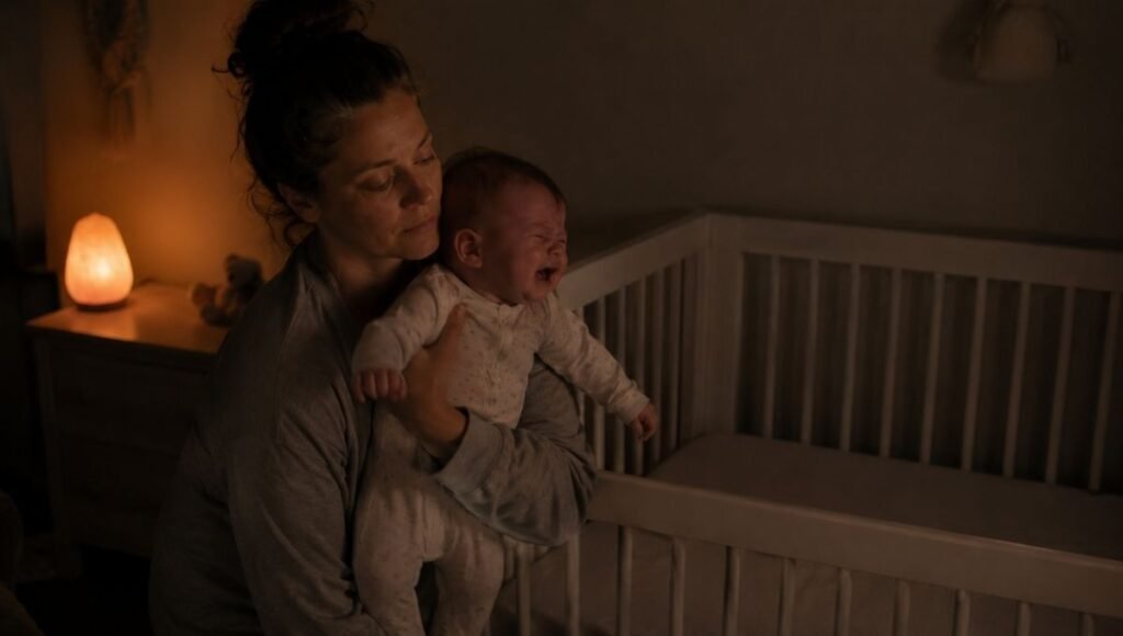 A parent picking up their crying baby from a crib in the middle of the night during a sleep regression episode