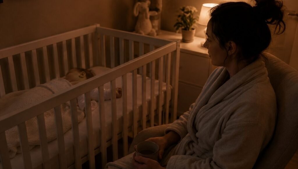 A parent sitting in a chair beside their baby's crib during the chair method sleep training to provide reassuring presence