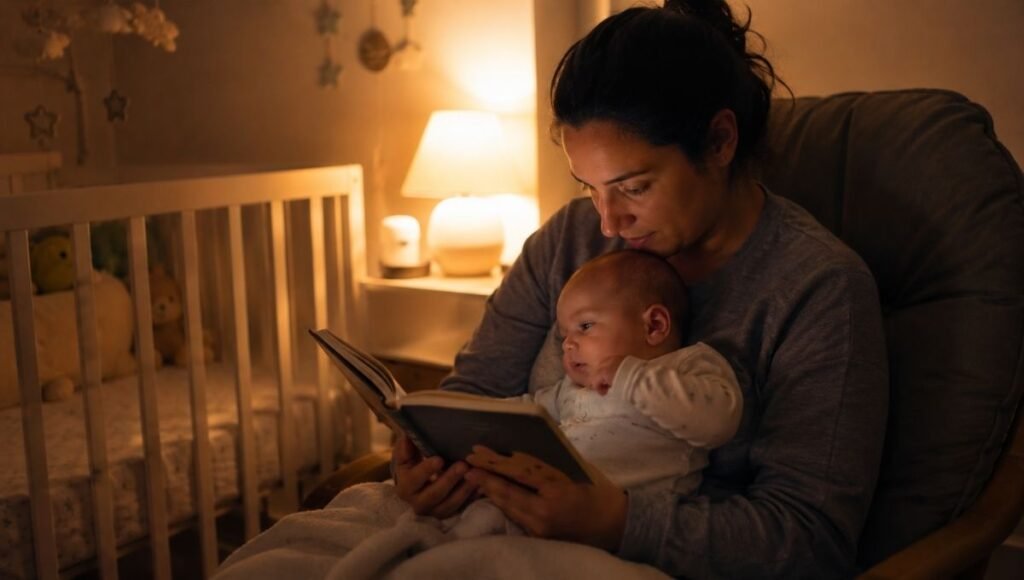 A parent reading a short board book to their baby as part of a calming consistent bedtime routine before sleep