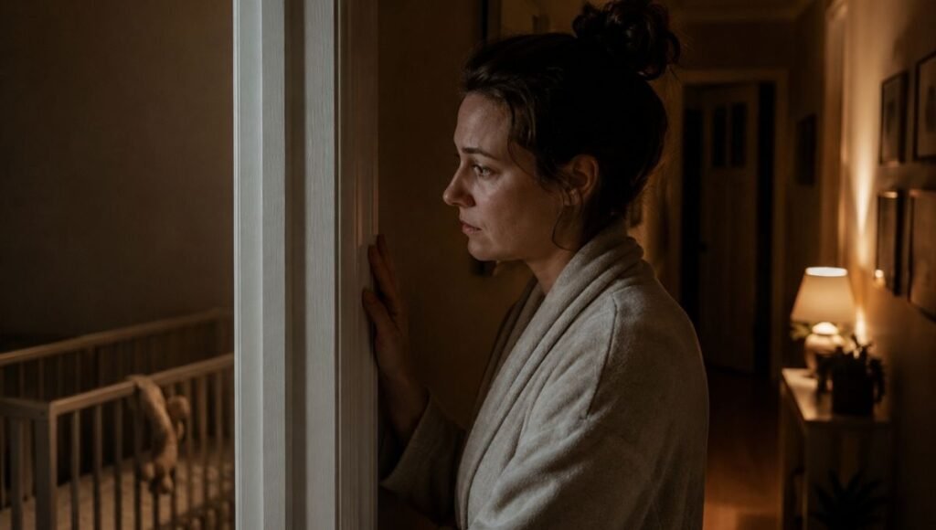 A parent standing outside a closed nursery door at night listening to their baby cry during sleep training, looking conflicted but determined
