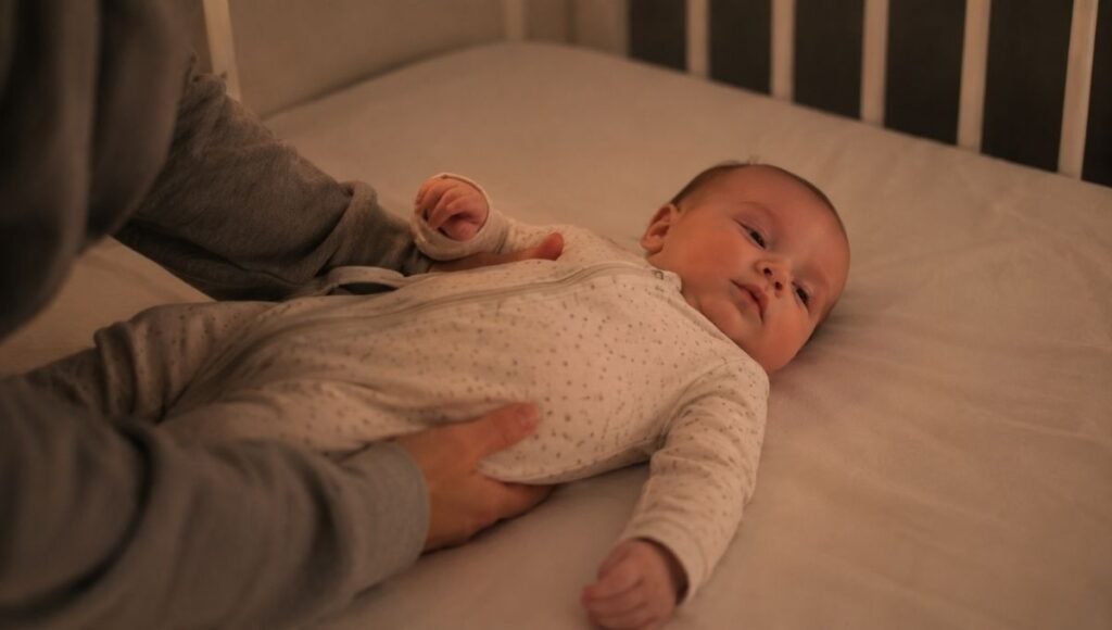 A parent gently placing a drowsy but still awake baby into a crib to encourage independent sleep skills during the regression