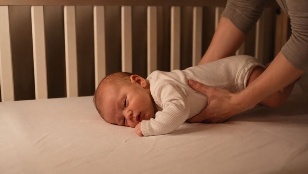 A parent gently placing a drowsy baby into a crib while the baby is still slightly awake to build independent sleep skills