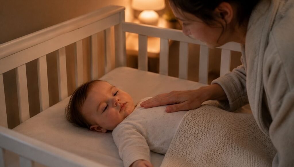 A parent doing a brief check-in with their baby during the Ferber method sleep training, reassuring without picking up