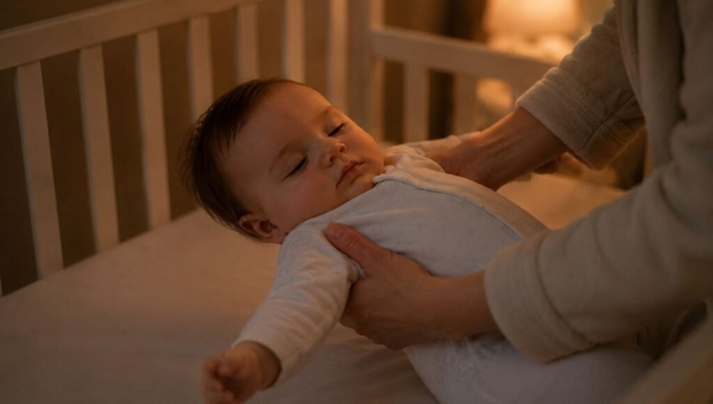 A parent gently placing a drowsy baby into a crib awake as part of a gentle no-cry sleep training approach