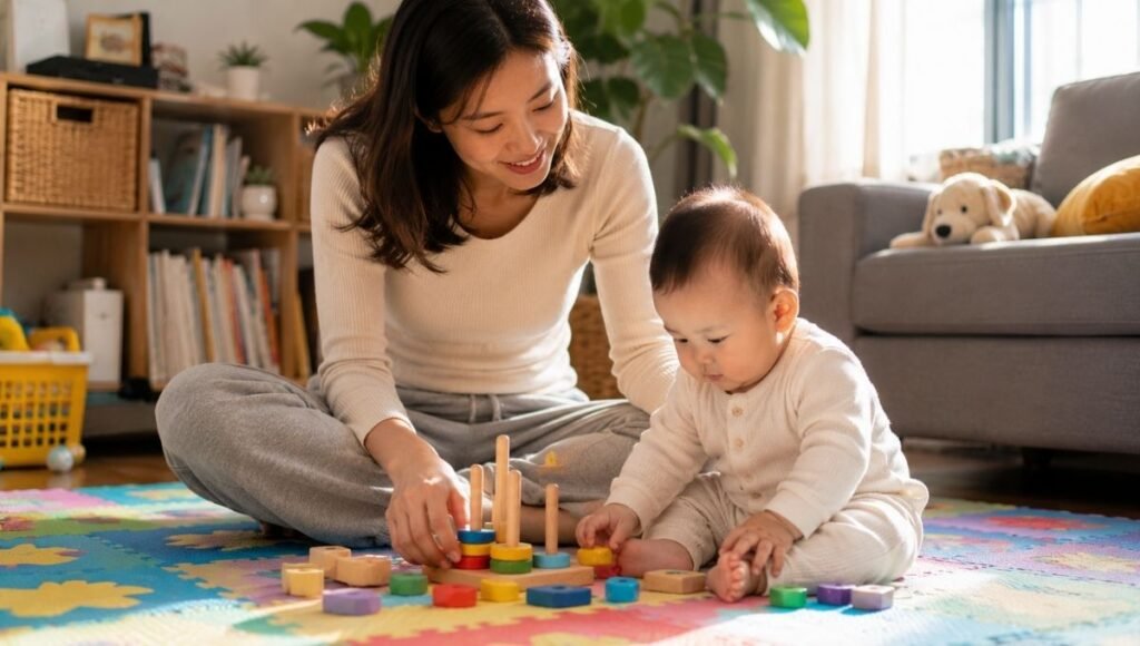A parent sitting calmly on the floor with their baby during play time, looking relaxed and engaged rather than anxious