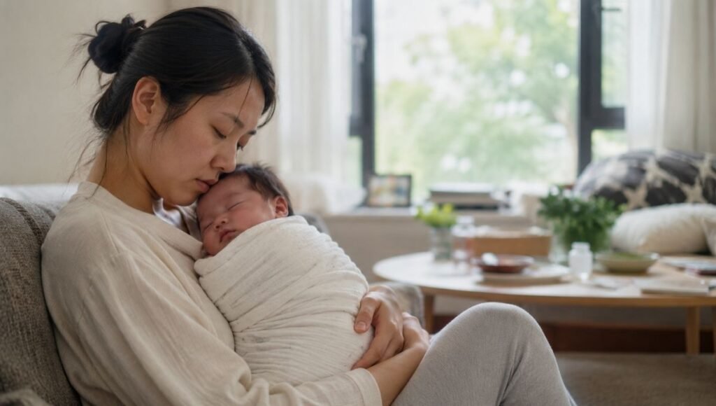 A parent holding a sleeping newborn baby in their arms in soft natural daytime light, baby deeply asleep in a swaddle, parent looking tired but calm, warm and intimate home atmosphere, lifestyle photography style, photorealistic, no text, no watermark