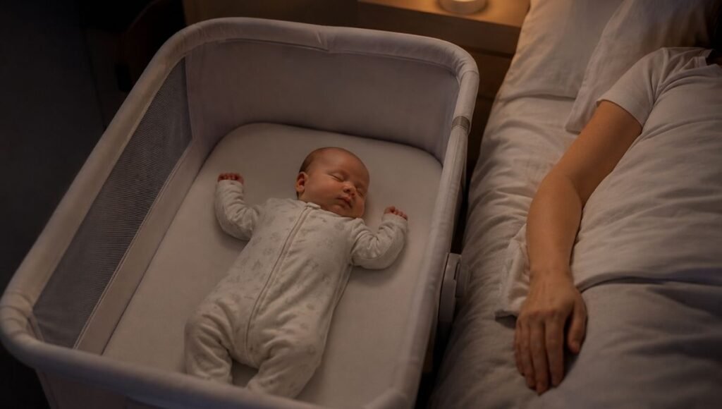 A baby sleeping in a bedside bassinet placed next to the parents' bed for safe room-sharing