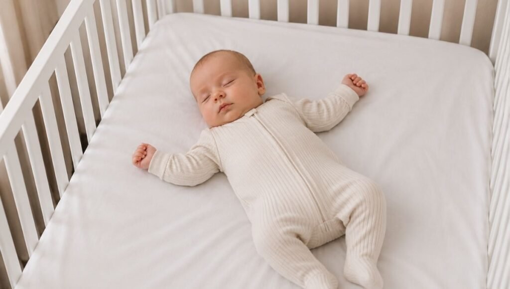 A baby sleeping safely on their back in a firm empty crib with just a fitted sheet following AAP safe sleep guidelines