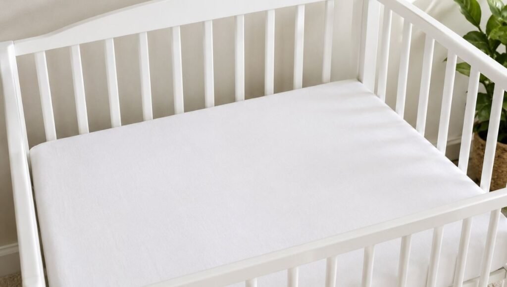 A properly set up safe sleep environment showing a firm flat crib with a fitted sheet and nothing else inside