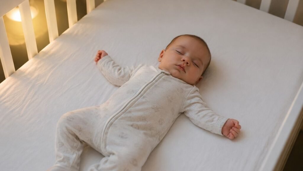 A baby sleeping safely on their back in a firm crib with only a fitted sheet and no soft bedding