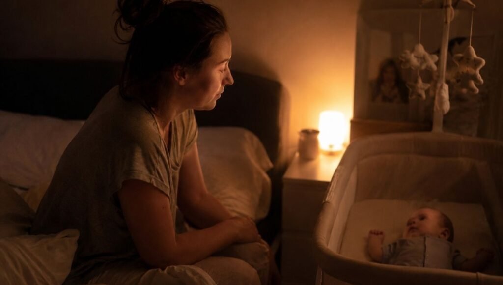 An exhausted parent sitting up in bed at night checking on their baby who has woken again during a sleep regression