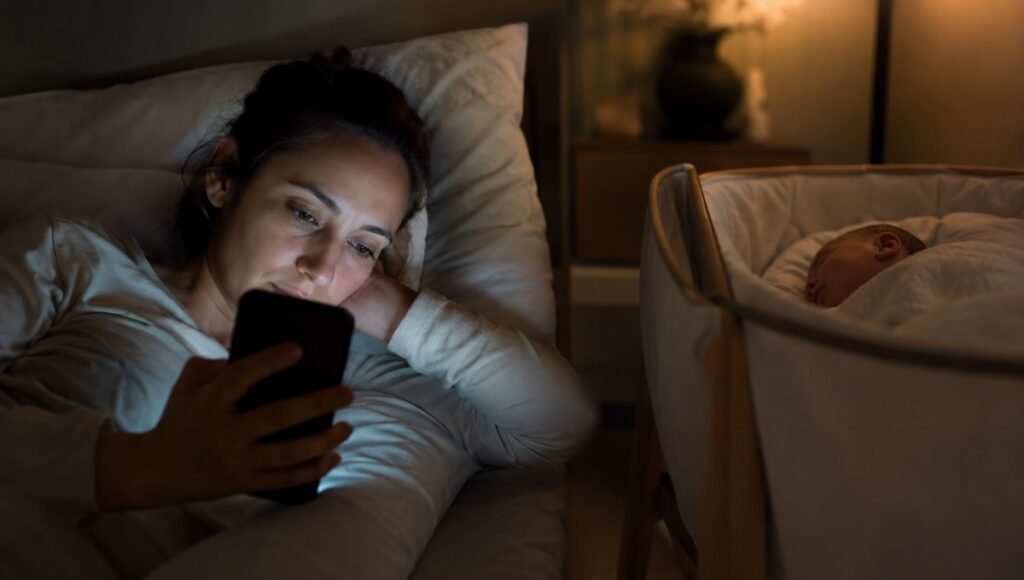 An exhausted parent checking the time on their phone at 3am while their baby sleeps beside them, wondering when babies sleep through the night