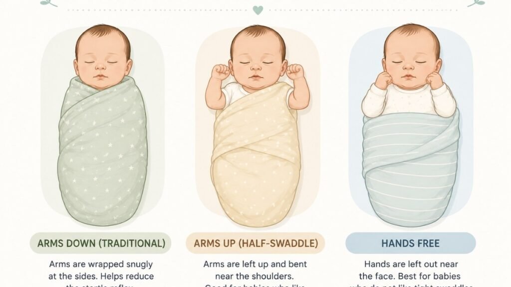 Side-by-side comparison of arms-down, arms-up, and half-swaddle baby wrapping styles
