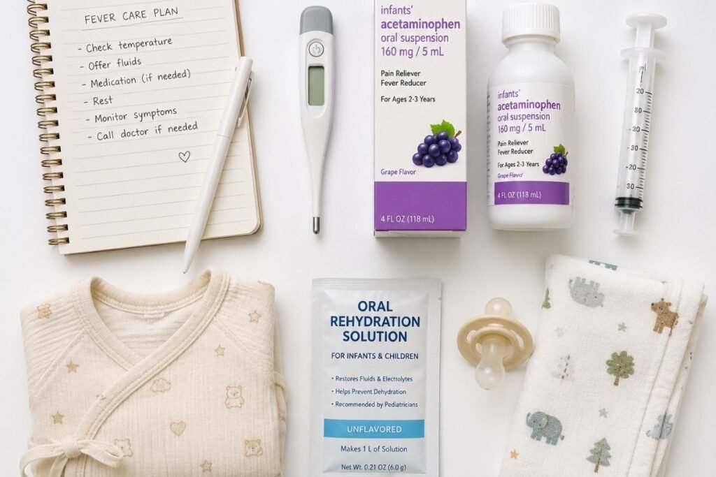 Essential supplies for caring for a baby with a fever