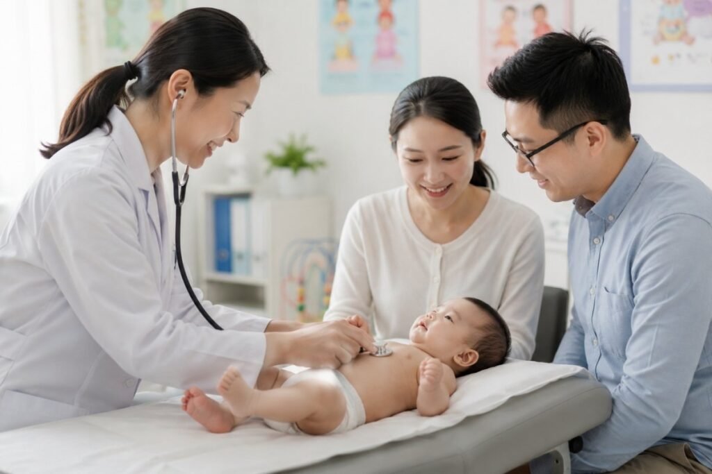 Pediatrician examining a baby with a fever during a medical visit