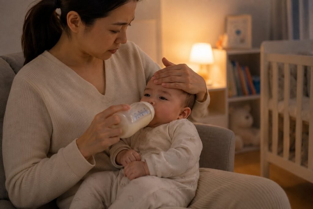 Parent caring for a baby with a fever at home