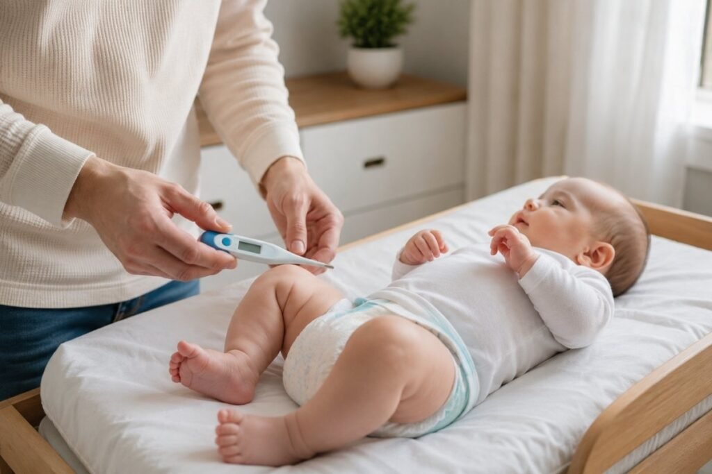 Parent checking a baby's temperature accurately with a digital thermometer