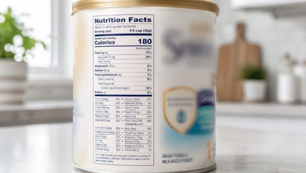 A close-up of a baby formula can label showing iron-fortified and DHA ingredients for parents learning how to choose the best formula