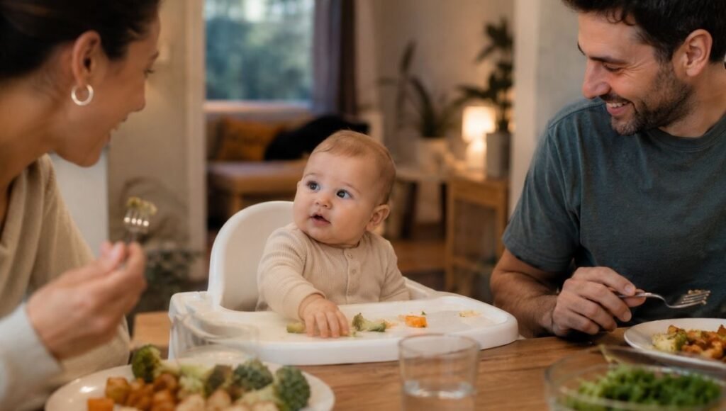 A baby in a high chair joining the family at the dinner table during a shared mealtime as part of baby-led weaning