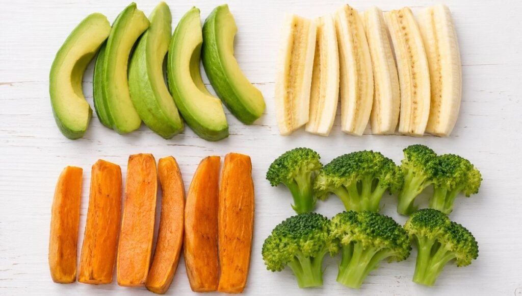 A selection of baby-led weaning first foods cut into safe finger-sized strips including avocado banana sweet potato and steamed broccoli