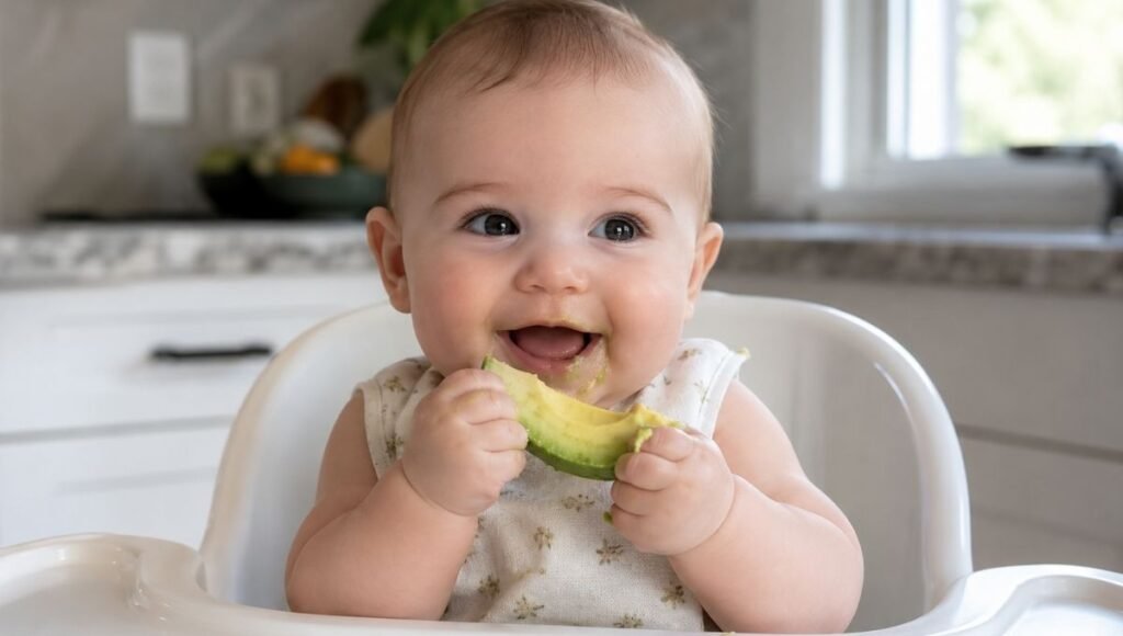 A 6-month-old baby sitting in a high chair holding a strip of avocado with both hands during their first baby-led weaning meal