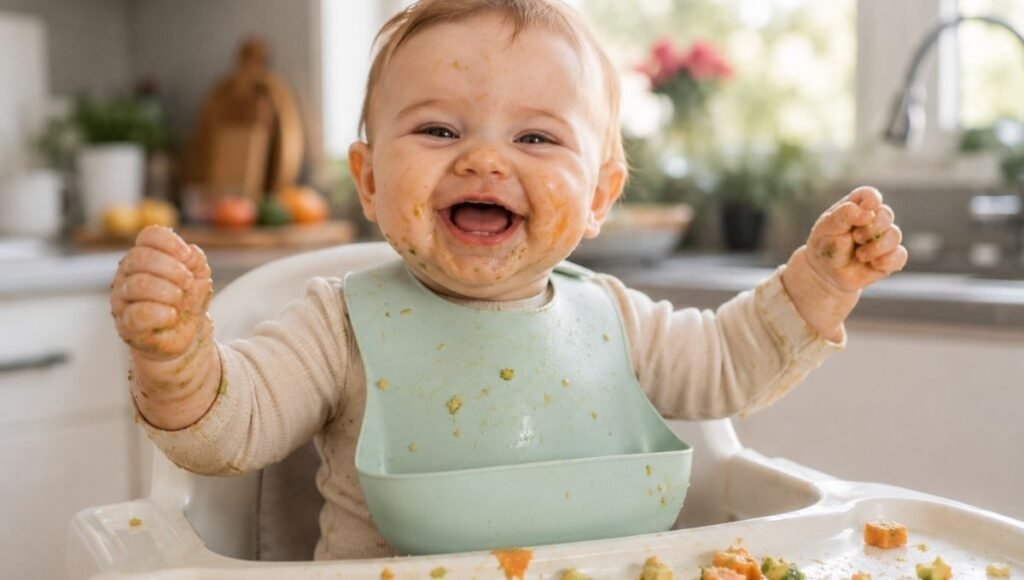 A happy baby with food all over their face and hands after a messy but successful baby-led weaning meal showing joyful food exploration