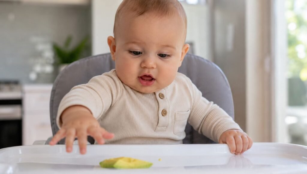 A baby around 6 months old sitting independently in a high chair reaching for food on a tray showing BLW readiness signs