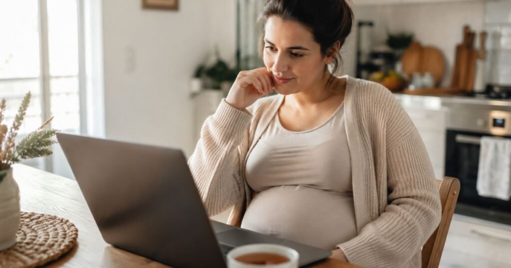 A pregnant woman sitting at a laptop building her baby registry checklist at home looking thoughtful and organized
