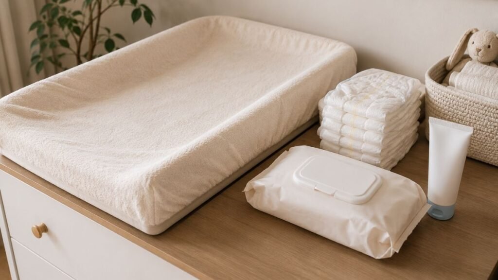 A well-organized diaper changing station with diapers wipes zinc oxide cream and a changing pad showing essential registry diapering items