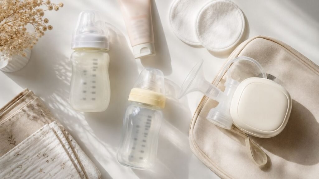 A flat lay of baby feeding essentials including bottles nursing pads nipple cream and a breast pump bag on a clean white surface