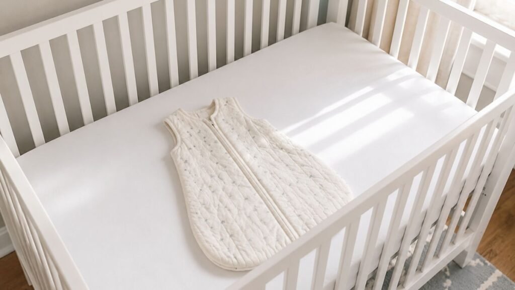 A safe minimalist baby crib setup with a firm mattress fitted sheet and sleep sack — essential registry items for newborn sleep