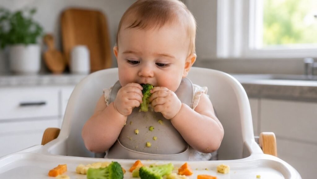 A baby independently picking up and exploring soft finger food during a baby-led weaning meal in a high chair