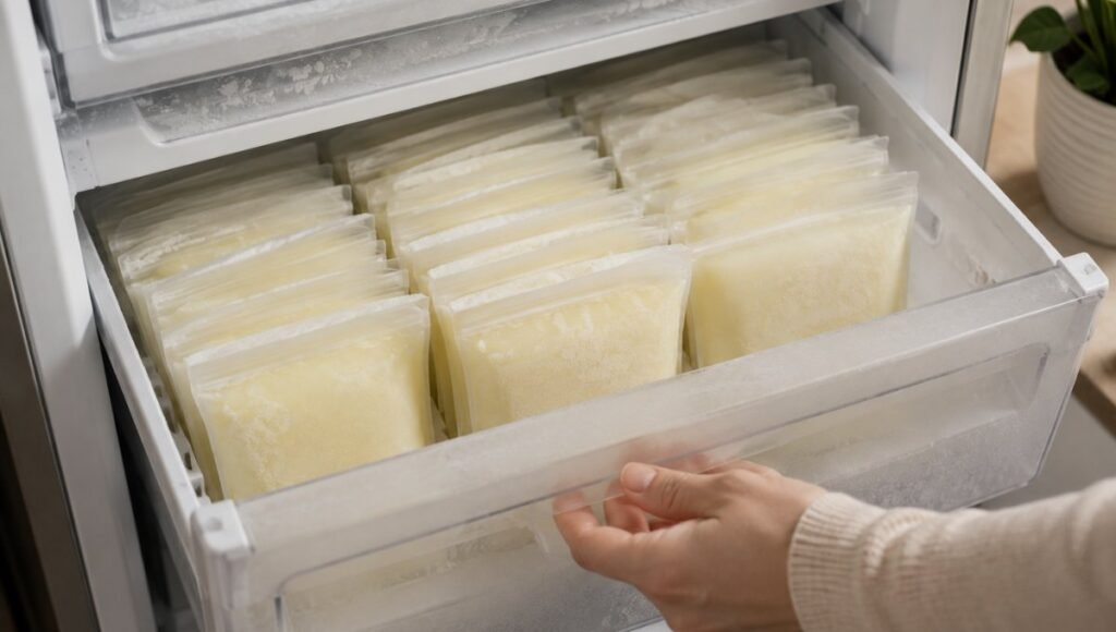 Labeled breast milk storage bags organized flat in a freezer showing a realistic modest freezer stash built over several weeks
