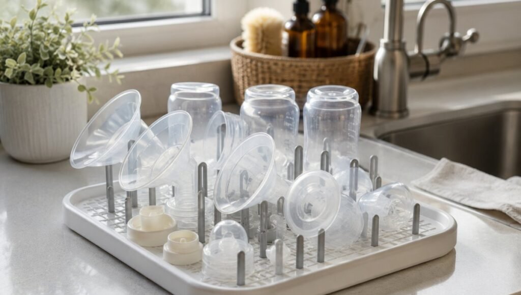 Clean breast pump parts air drying on a drying rack beside a kitchen sink after washing showing the daily cleaning routine