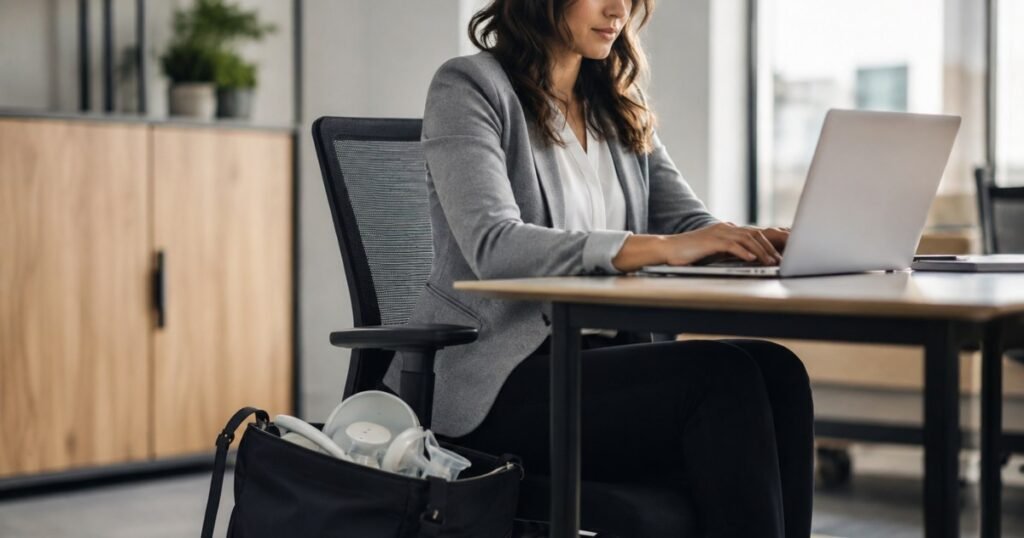 A tired but determined mom sitting at her desk at work with a breast pump bag nearby, balancing pumping and work responsibilities