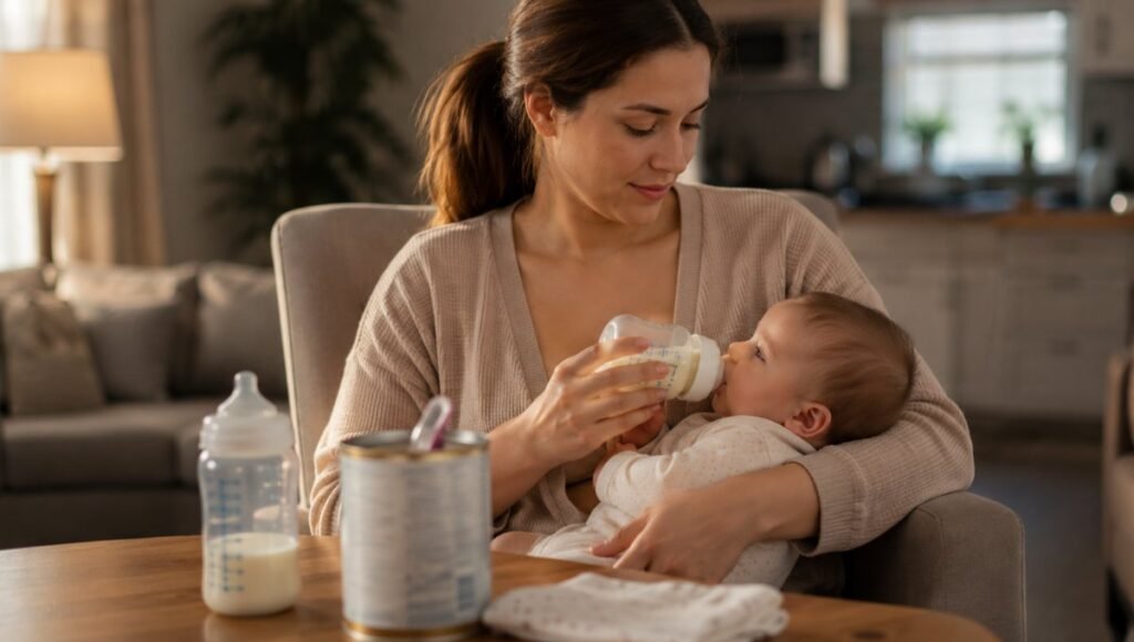 A mom combination feeding her baby with both a breast pump bottle and a formula bottle on the table beside her showing a realistic combo feeding setup