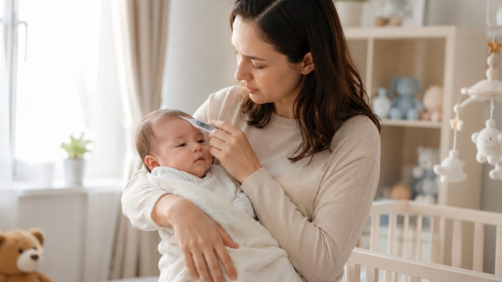 Mother checking a baby's temperature with a digital thermometer
