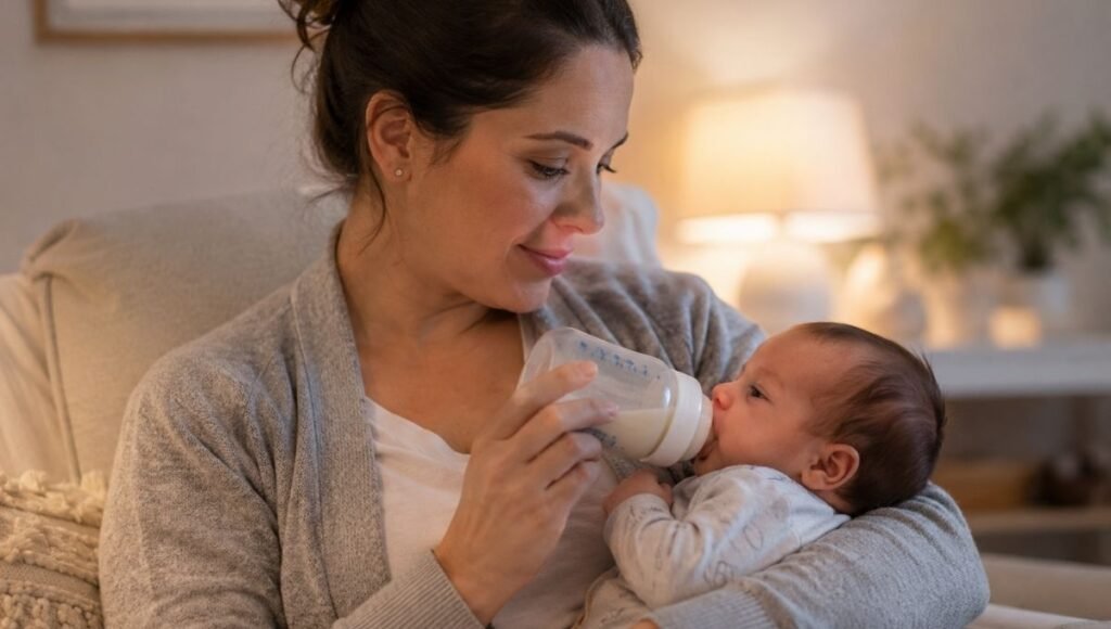 A parent bottle feeding their newborn baby formula with a calm and loving expression