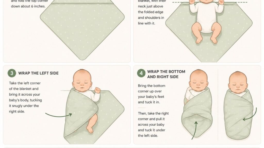 Four-step infographic showing how to fold and wrap a baby in a swaddle blanket
