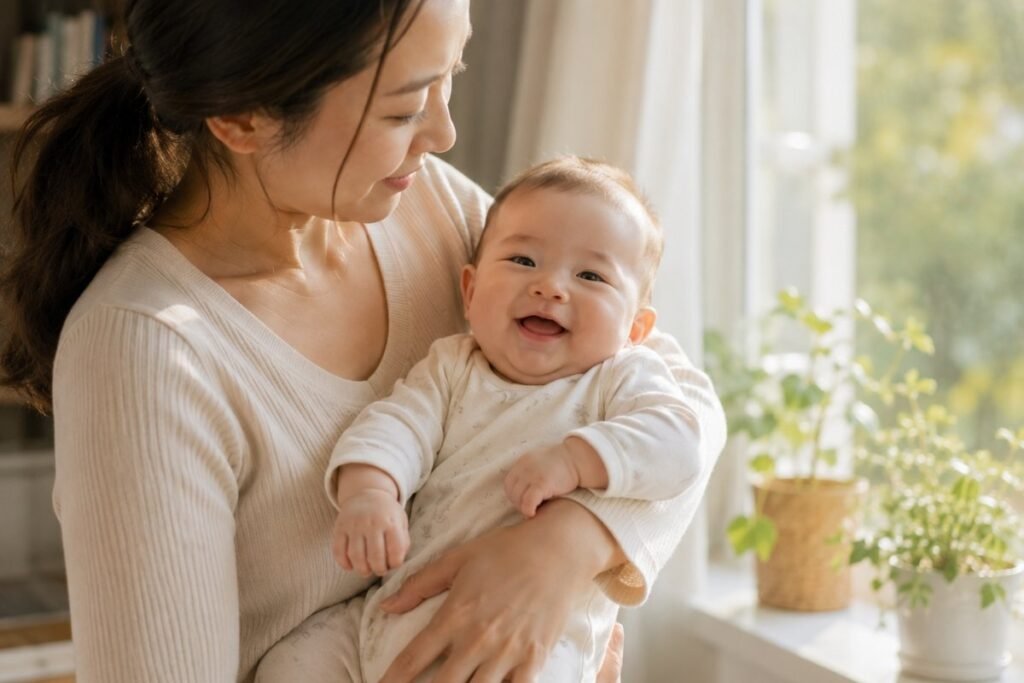 Healthy baby smiling comfortably in a parent's arms