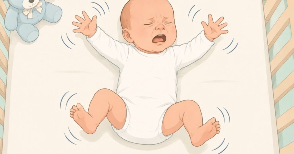 Illustration showing how the Moro startle reflex causes a newborn's arms to jerk during sleep