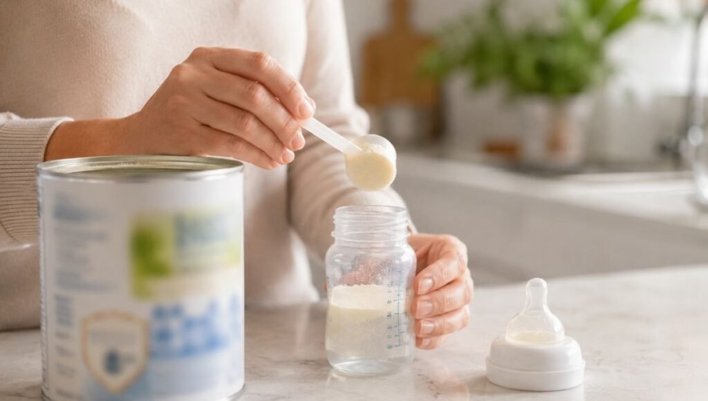 A parent preparing the correct amount of baby formula in a bottle for a newborn feeding session