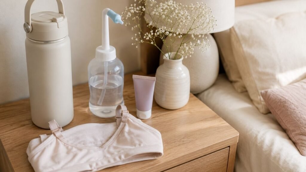 A collection of postpartum recovery essentials for new moms including a large water bottle peri bottle nursing bra and comfortable items on a bedside table