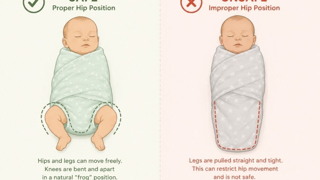 Diagram comparing safe hip positioning versus unsafe tight leg positioning in a baby swaddle
