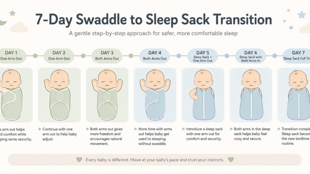 Seven-day timeline showing how to gradually transition a baby out of swaddling into a sleep sack