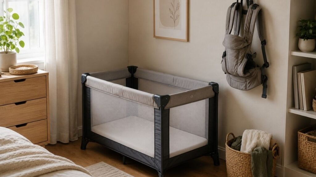 A compact nursery corner in a small apartment showing a portable play yard used as a crib and a baby carrier hanging nearby demonstrating space-saving registry choices