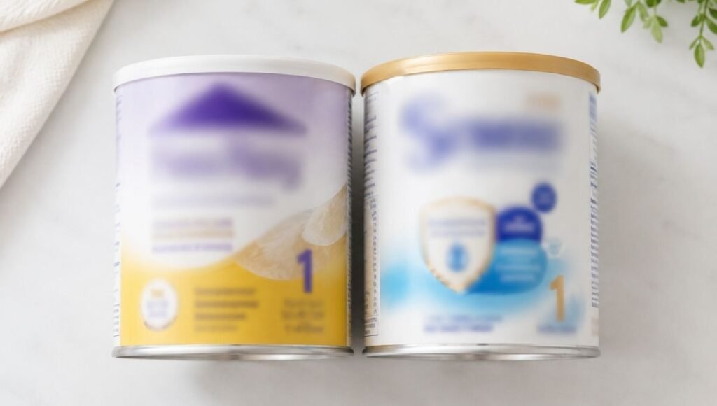 Two baby formula cans side by side — one store brand and one name brand — showing parents they contain similar nutrition at different price points