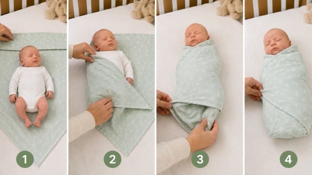 Photo sequence showing each fold of a traditional baby swaddle from start to finish
