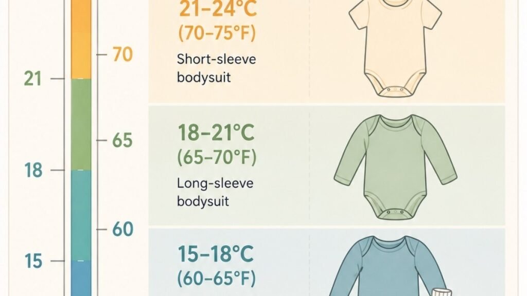 Chart showing recommended baby clothing layers based on room temperature and TOG rating
